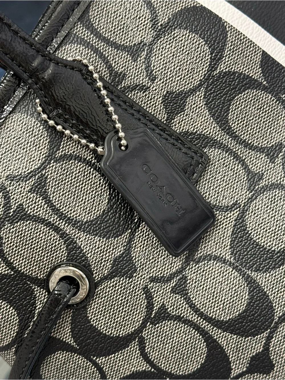 (new+tag) Coach Signature Drawstring Monogram Tote with Black Varsity Stripe